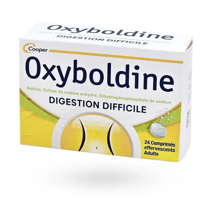 Oxyboldine digestion difficile 24 comprimés effervescents boite côté