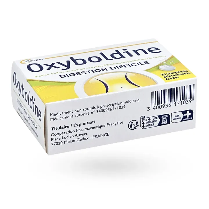 Oxyboldine digestion difficile 24 comprimés effervescents boite flanc gauche