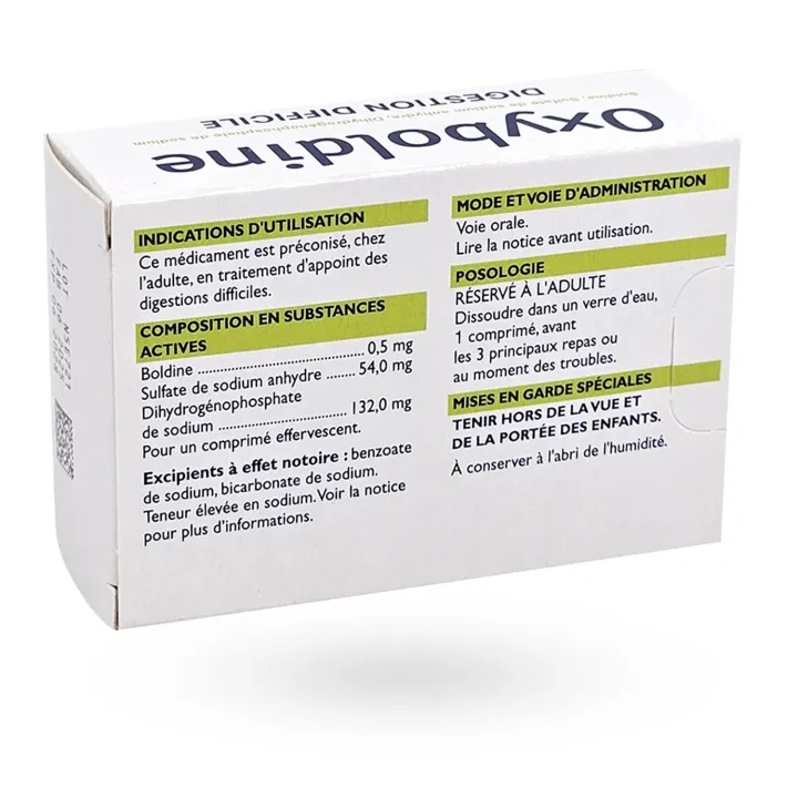 Oxyboldine digestion difficile 24 comprimés effervescents boite face arrière