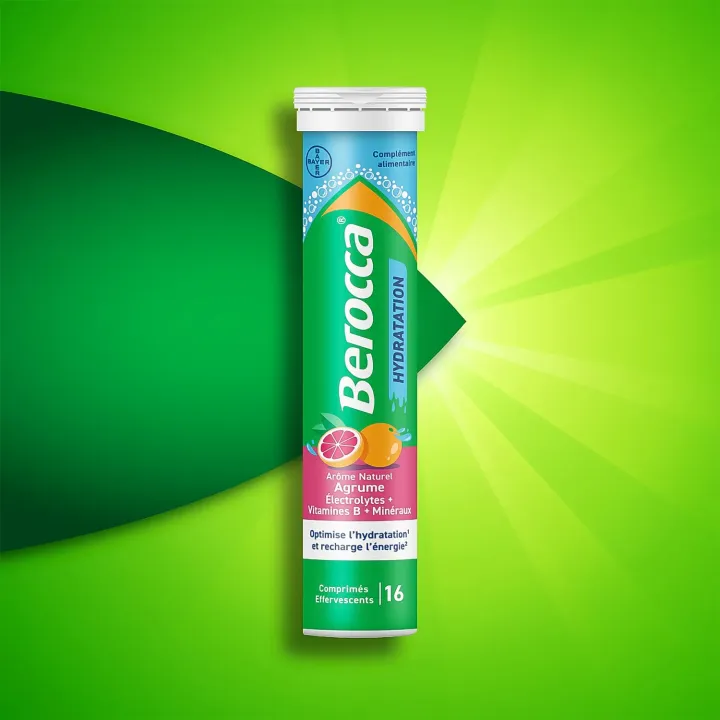 Berocca Hydratation 16 comprimés effervescents agrumes visuel laboratoire
