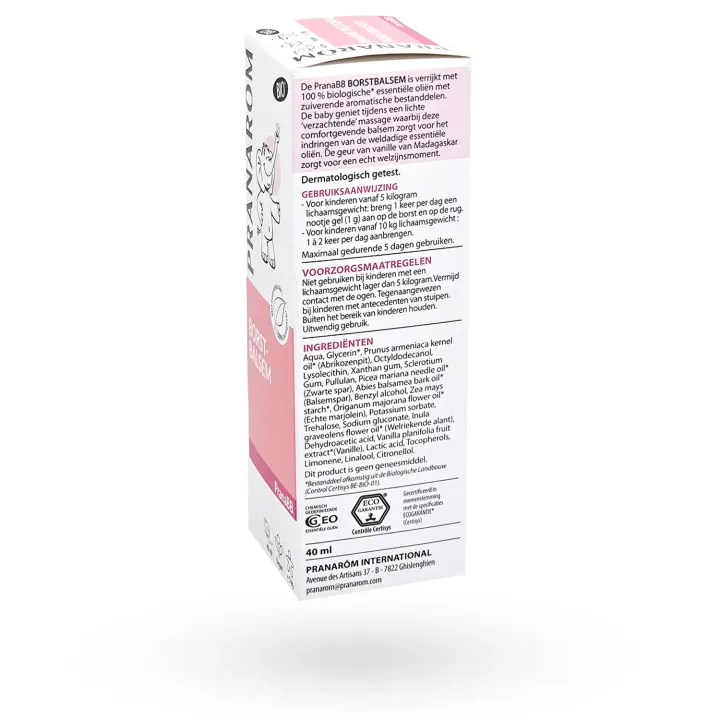 Pranarôm baume pectoral PranaBB huiles essentielles BIO 40 ml boite face côté droit