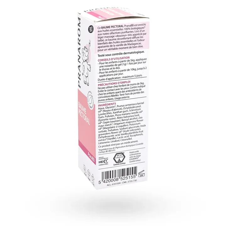 Pranarôm baume pectoral PranaBB huiles essentielles BIO 40 ml boite face côté gauche
