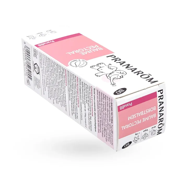 Pranarôm baume pectoral PranaBB huiles essentielles BIO 40 ml boite face avant couché