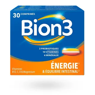 Bion 3 Énergie & Équilibre intestinal Vitamines B12, C, D et magnésium 30 comprimés