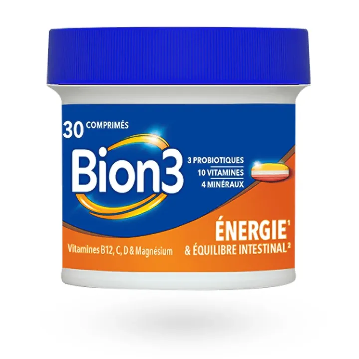 Bion 3 Énergie & Équilibre intestinal Vitamines B12, C, D et magnésium 30 comprimés pot