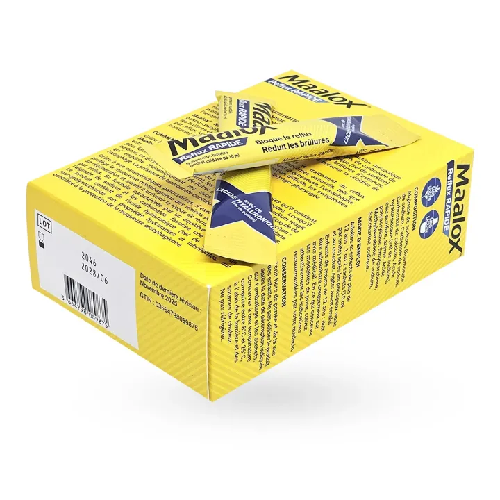 Maalox Reflux Rapide 20 sachets – Reflux et brûlures d’estomac boite face arrière couchée + sachets