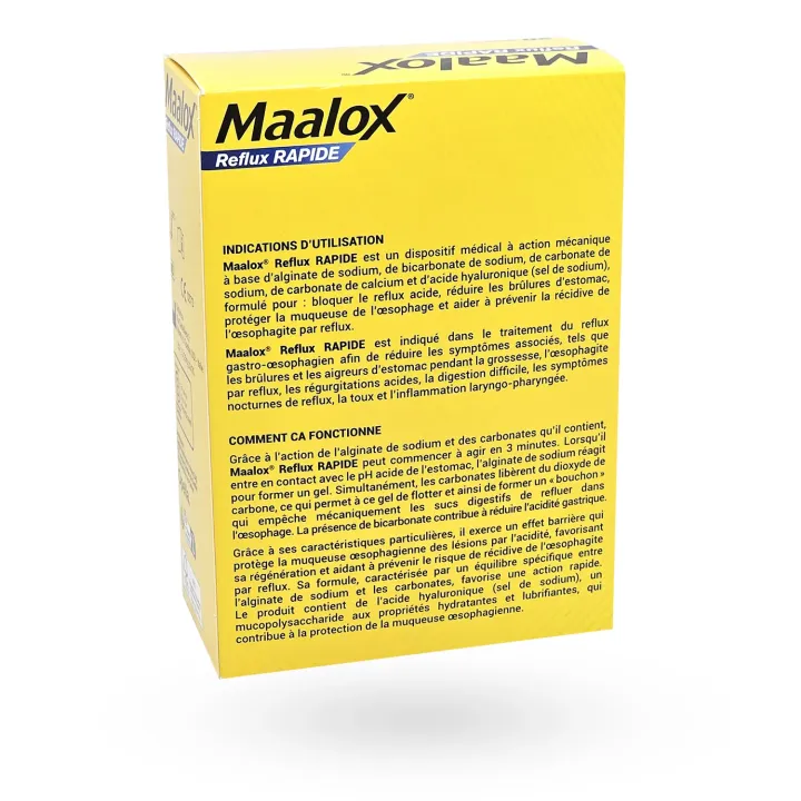 Maalox Reflux Rapide 20 sachets – Reflux et brûlures d’estomac boite face arrière