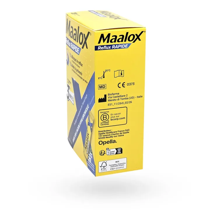 Maalox Reflux Rapide 20 sachets – Reflux et brûlures d’estomac boite flanc gauche