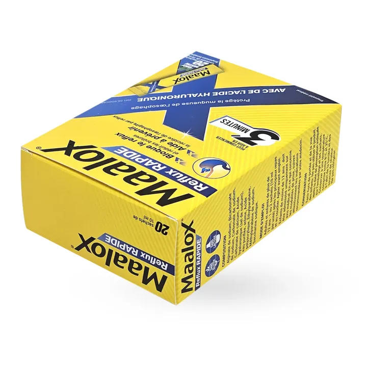 Maalox Reflux Rapide 20 sachets – Reflux et brûlures d’estomac boite face avant couchée