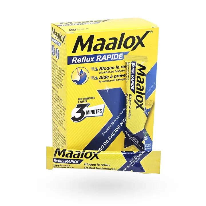 Maalox Reflux Rapide 20 sachets – Reflux et brûlures d’estomac boite + sachets