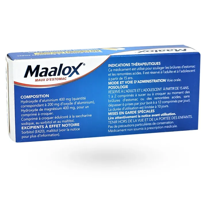 Maalox maux d'estomac citron 40 comprimés à croquer boite face arrière
