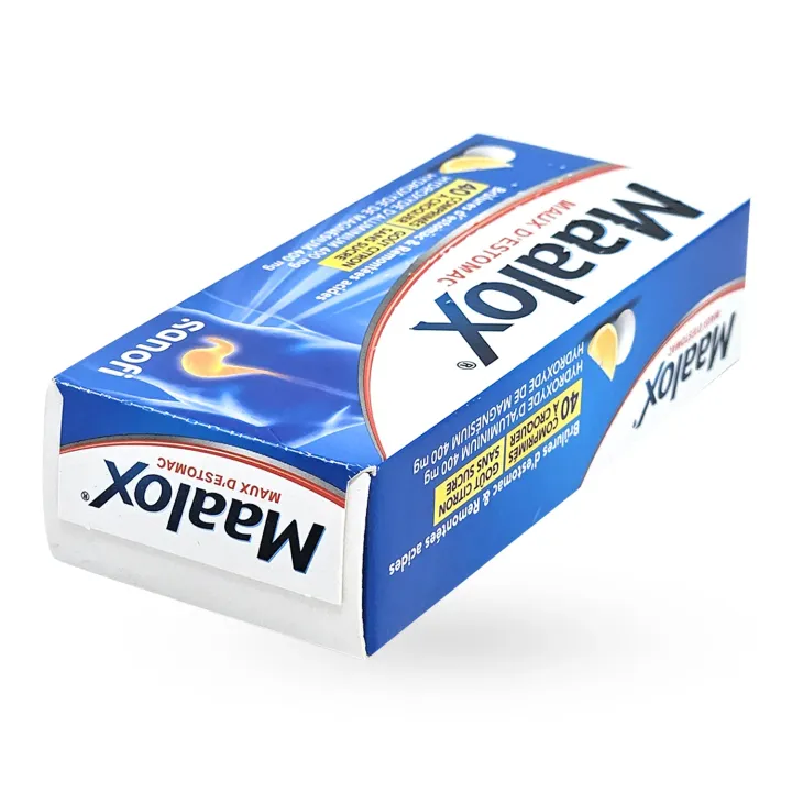 Maalox maux d'estomac citron 40 comprimés à croquer boite face avant couchée