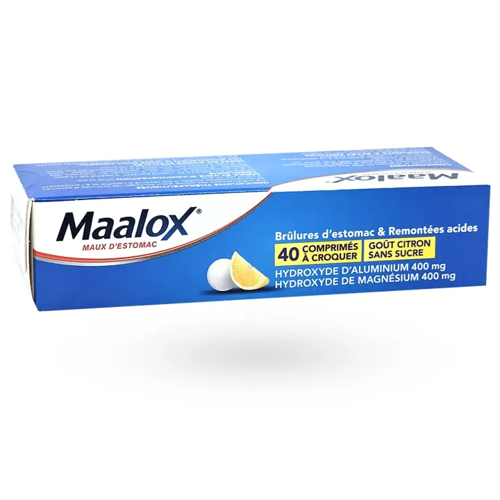 Maalox maux d'estomac citron 40 comprimés à croquer boite flanc droit