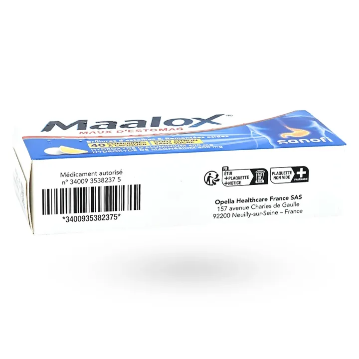 Maalox maux d'estomac citron 40 comprimés à croquer boite flanc gauche