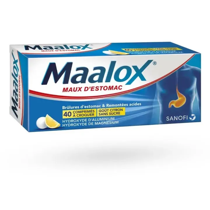 Maalox maux d'estomac citron 40 comprimés à croquer boite face avant labo