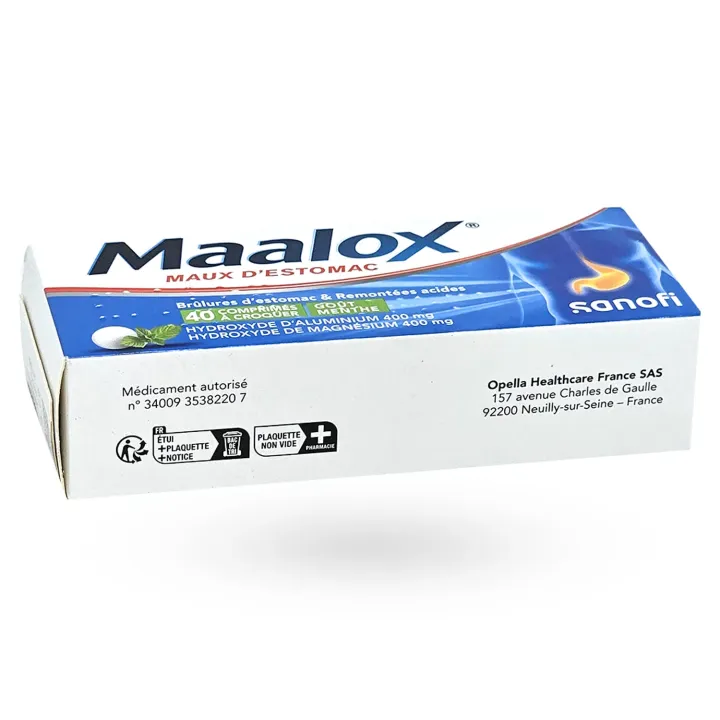 Maalox maux d'estomac menthe 40 comprimés à croquer boite flanc gauche