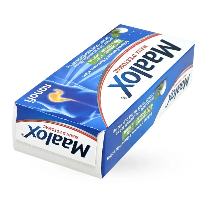Maalox maux d'estomac menthe 40 comprimés à croquer boite face avant couchée