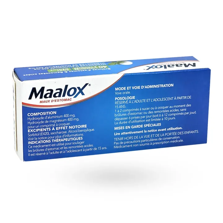 Maalox maux d'estomac menthe 40 comprimés à croquer boite face arrière