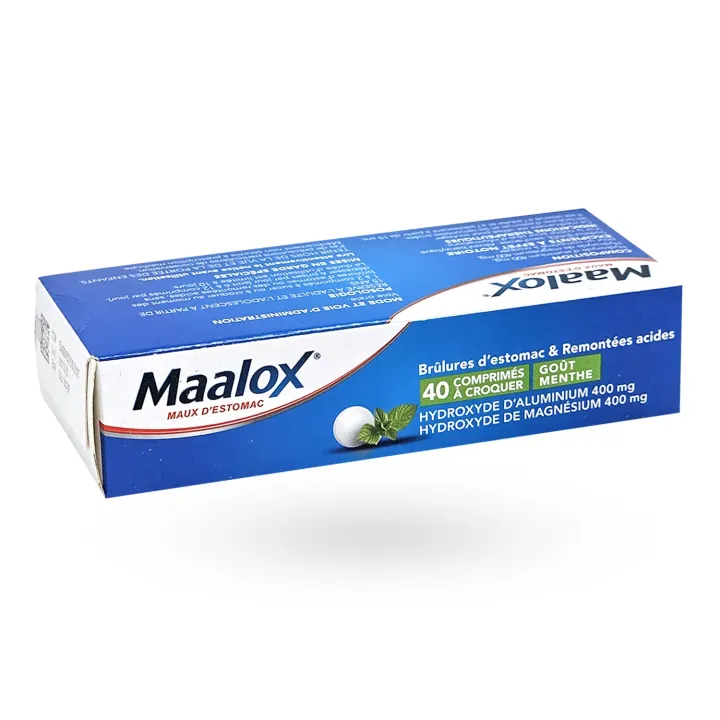 Maalox maux d'estomac menthe 40 comprimés à croquer boite flanc droit