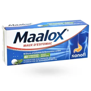 Maalox maux d'estomac menthe 40 comprimés à croquer boite face avant