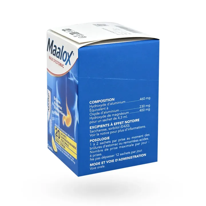 Maalox maux d'estomac Citron 20 sachets – Brûlures d’estomac boite flanc droit