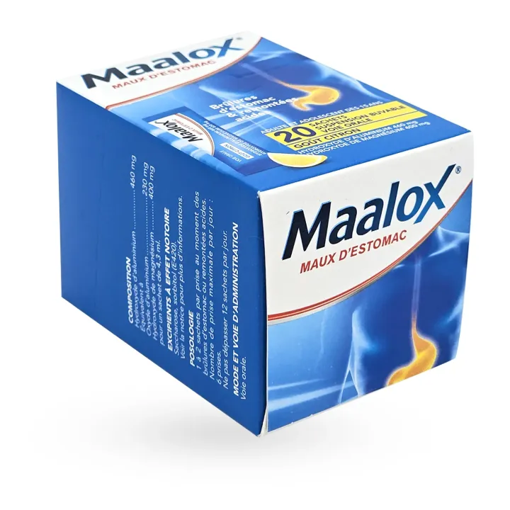 Maalox maux d'estomac Citron 20 sachets – Brûlures d’estomac boite face avant couchée