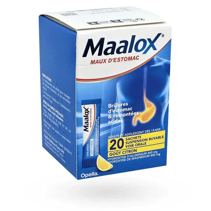Maalox maux d'estomac Citron 20 sachets – Brûlures d’estomac boite face arrière