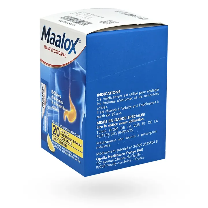 Maalox maux d'estomac Citron 20 sachets – Brûlures d’estomac boite flanc gauche