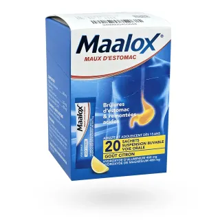 Maalox maux d'estomac Citron 20 sachets – Brûlures d’estomac boite face avant