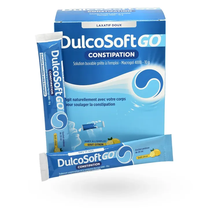 DulcoSoft GO Macrogol 4000 goût citron – 20 sachets unidoses boite + sachets unidoses