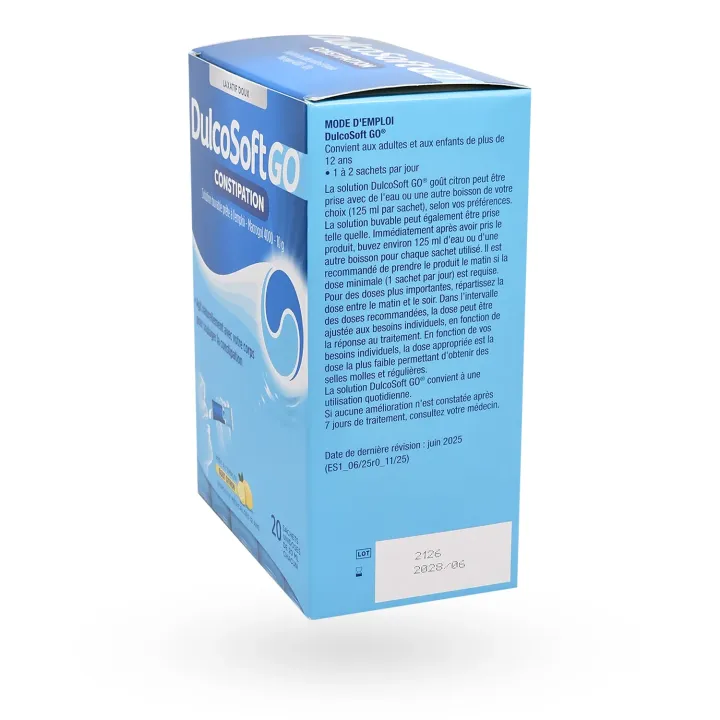 DulcoSoft GO Macrogol 4000 goût citron – 20 sachets unidoses boite flanc droit
