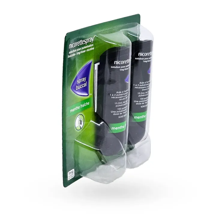 Nicorettespray 1 mg spray buccal 2 distributeurs menthe fraîche flanc gauche