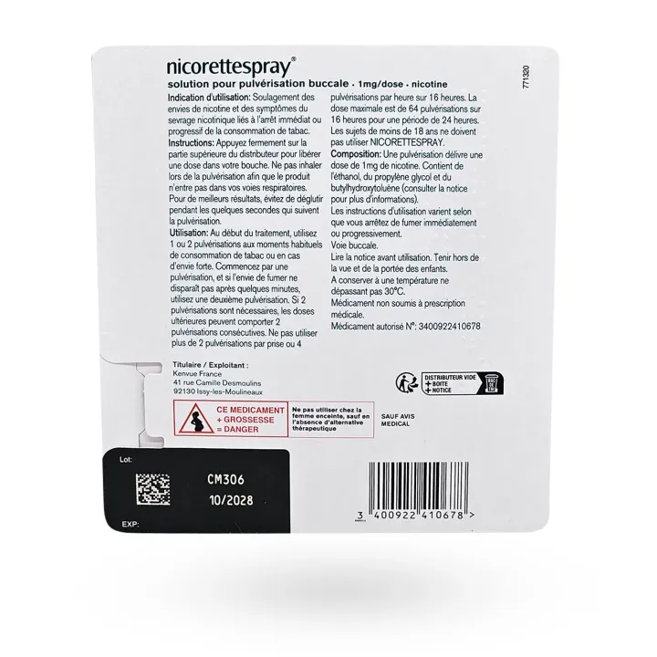 Nicorettespray 1 mg spray buccal 2 distributeurs menthe fraîche arrière