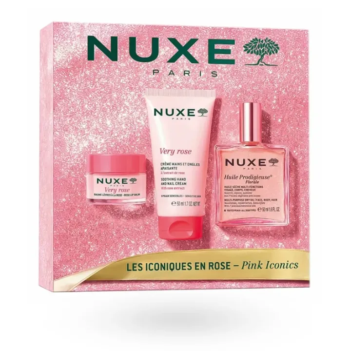 Coffret Noël Nuxe Les Iconiques en Rose 2026 – 3 soins floraux boite face avant
