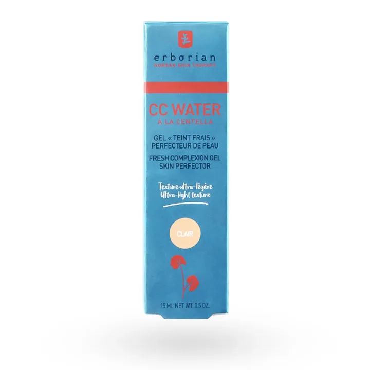 Erborian CC Water 15 ml – Gel Teinté Hydratant Acide Hyaluronique Clair ou Doré boite