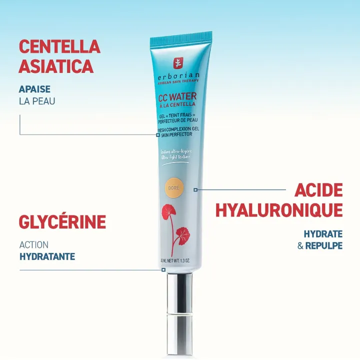 Erborian CC Water 15 ml – Gel Teinté Hydratant Acide Hyaluronique Clair ou Doré propriétés