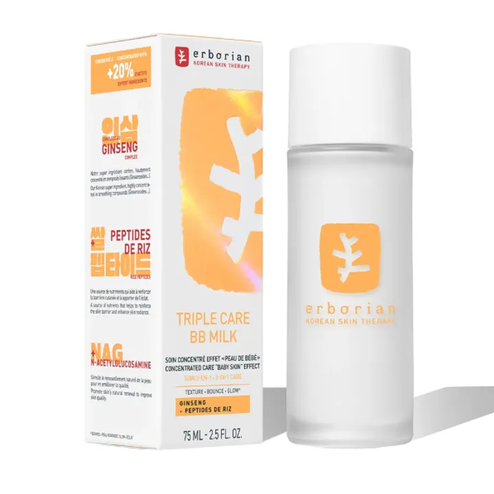 Erborian Triple Care BB Milk 75 ml – Soin Visage 3-en-1 Effet Peau de Bébé boite + flacon
