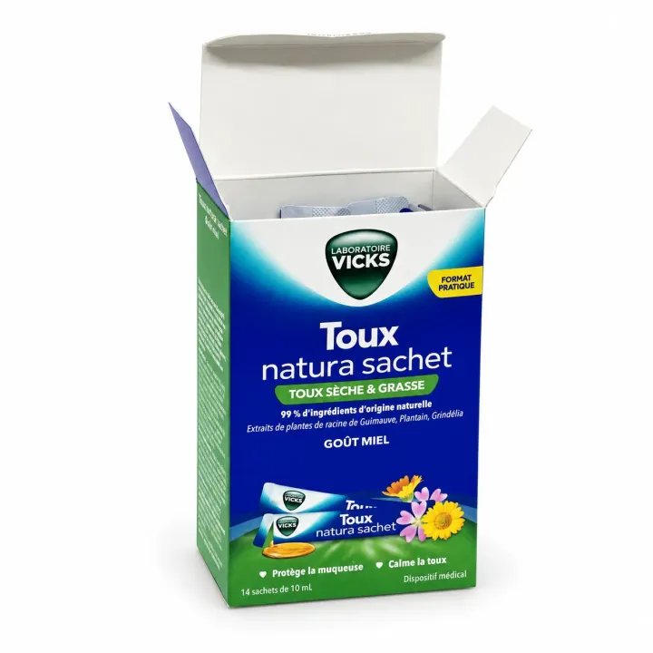 Vicks Toux Natura toux sèche et grasse – 14 sachets de 10 ml boite ouverte