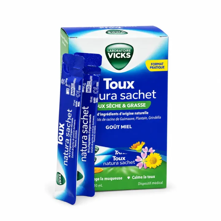 Vicks Toux Natura toux sèche et grasse – 14 sachets de 10 ml boite et sachets