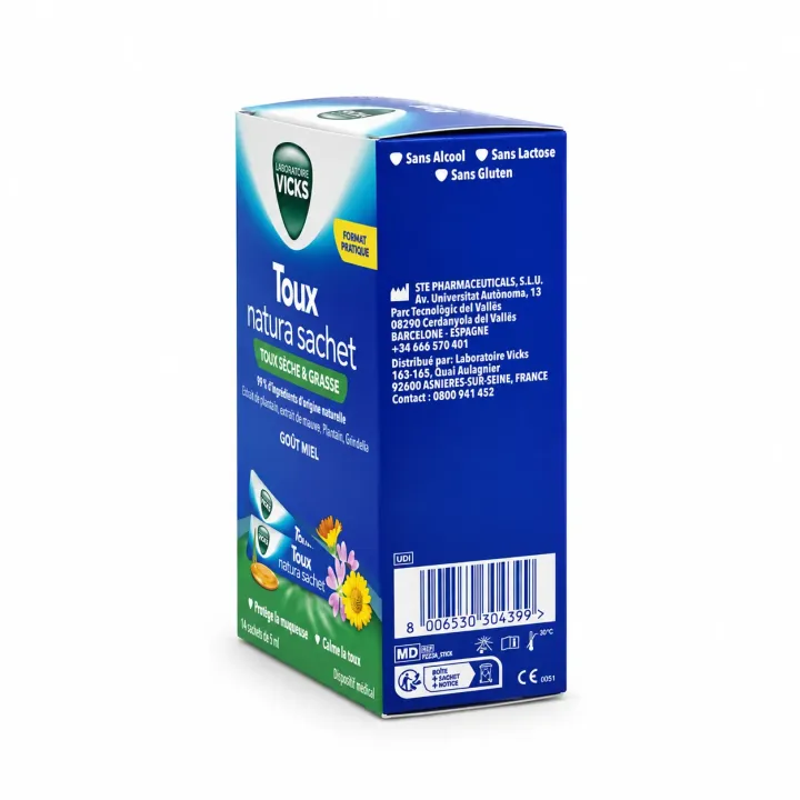 Vicks Toux Natura toux sèche et grasse – 14 sachets de 10 ml flanc gauche