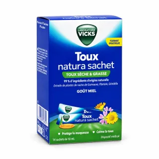Vicks Toux Natura toux sèche et grasse – 14 sachets de 10 ml face avant
