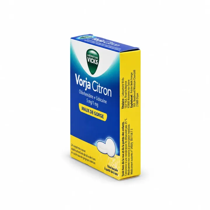 Vicks Vorja 5 mg/1 mg maux de gorge – 24 comprimés à sucer citron flanc droit