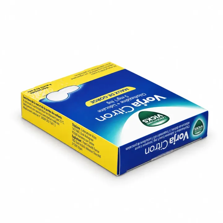 Vicks Vorja 5 mg/1 mg maux de gorge – 24 comprimés à sucer citron couché