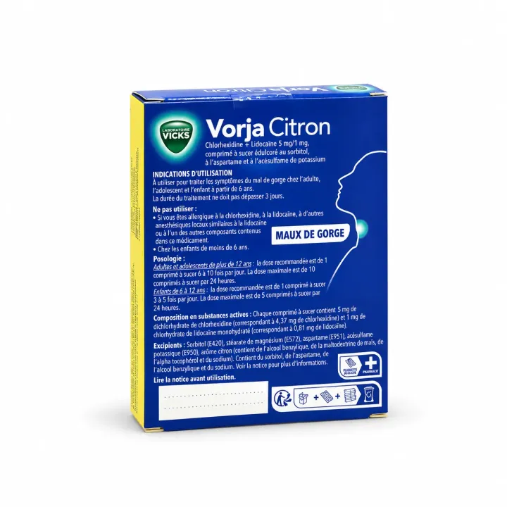 Vicks Vorja 5 mg/1 mg maux de gorge – 24 comprimés à sucer citron face arrière