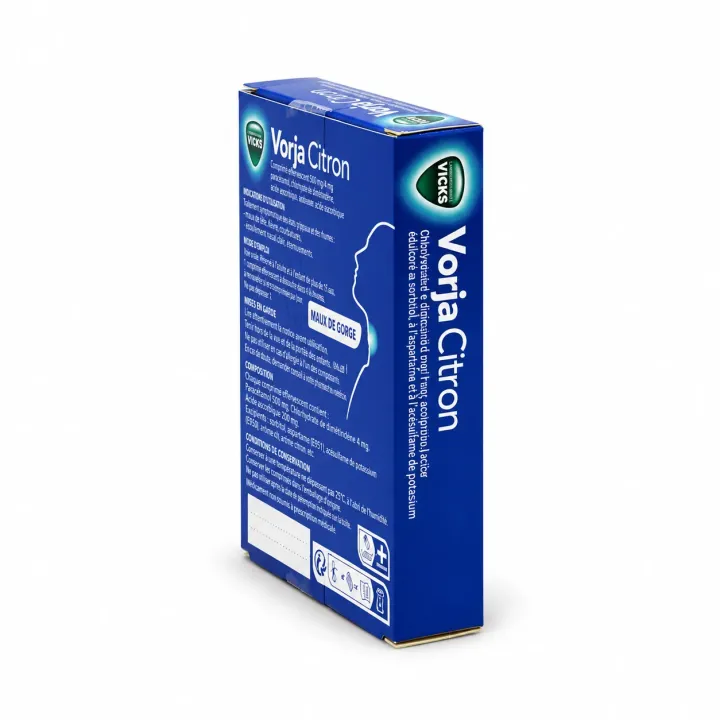 Vicks Vorja 5 mg/1 mg maux de gorge – 24 comprimés à sucer citron flanc gauche