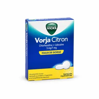 Vicks Vorja 5 mg/1 mg maux de gorge – 24 comprimés à sucer citron face avant