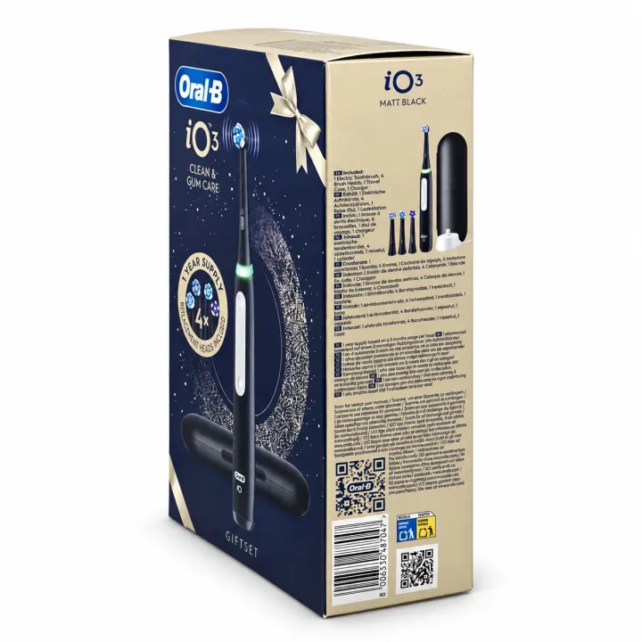 Oral-B iO3 Noire Coffret Édition Cadeau – Brosse à dents électrique + 4 brossettes flanc droit