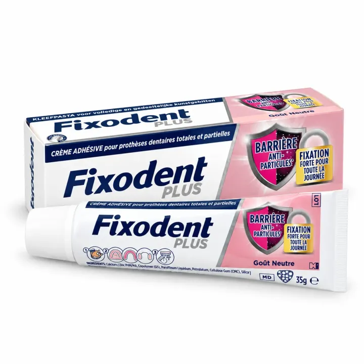 Fixodent Plus Barrière Anti-Particules goût neutre – Crème adhésive prothèse dentaire 35 g boite et tube