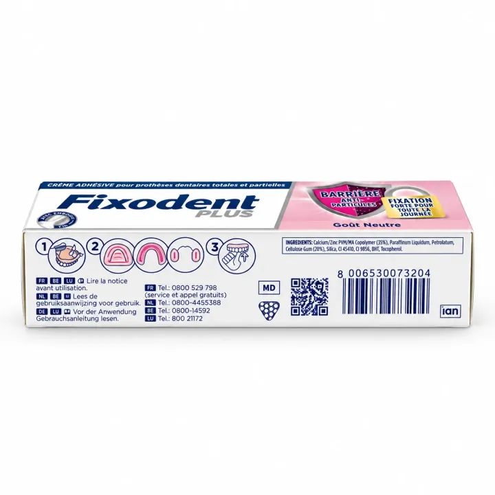 Fixodent Plus Barrière Anti-Particules goût neutre – Crème adhésive prothèse dentaire 35 g face arrière