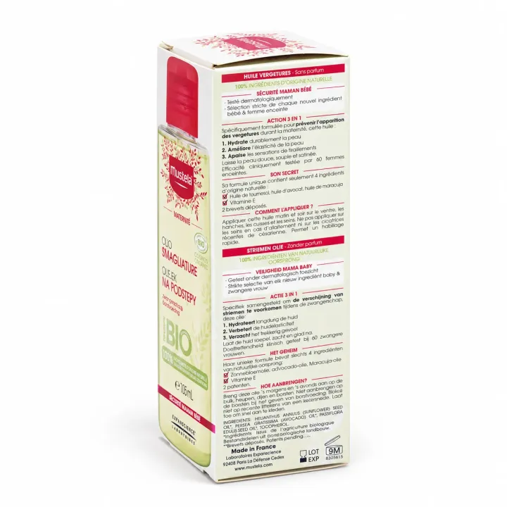 Mustela Huile Vergetures certifiée BIO Grossesse 105 ml flanc droit
